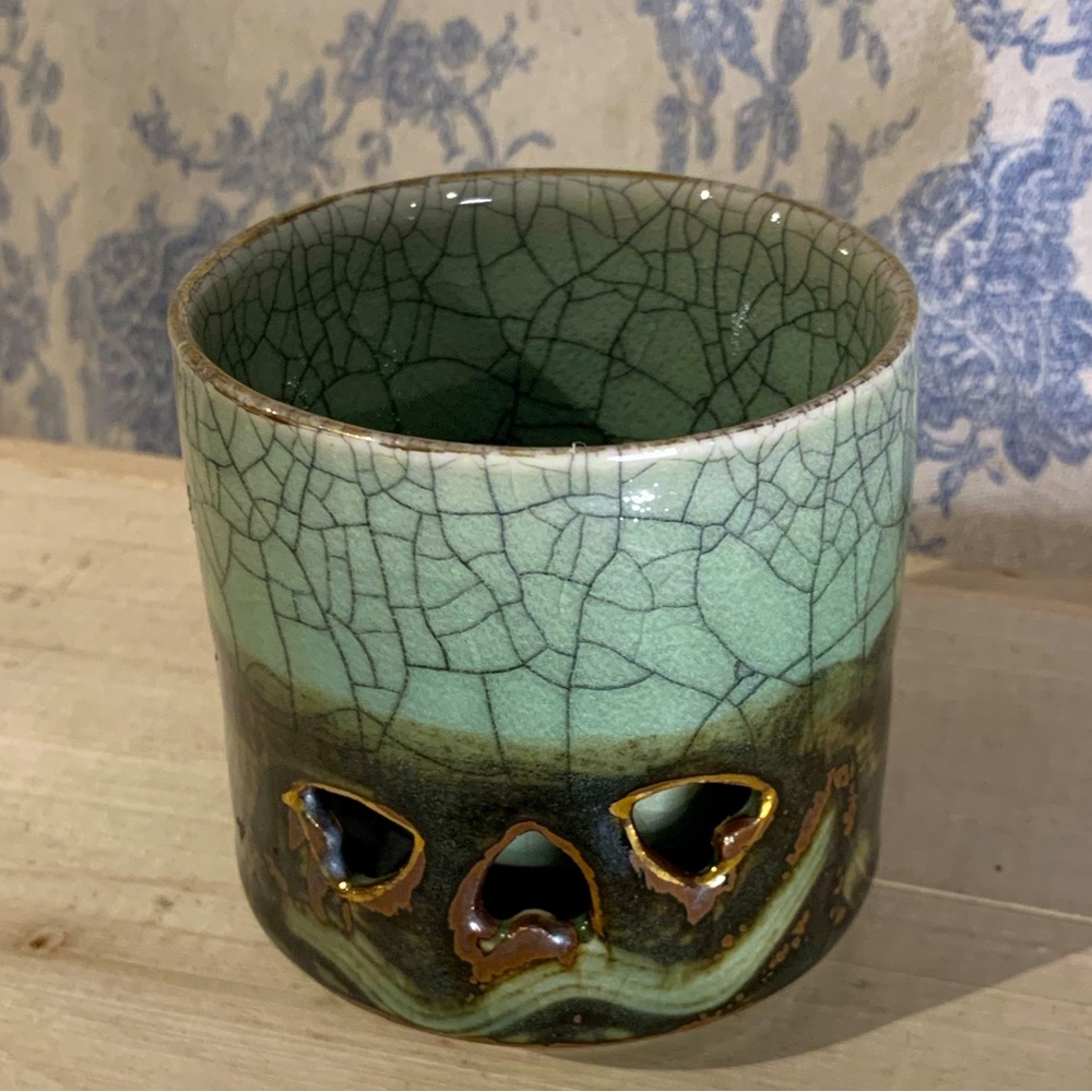 VTG 1950s Soma Ware by Otagiri Green Brown & Gold Crackled Japanese Teacup 6oz